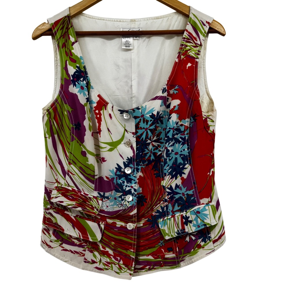Coldwater Creek Spirit 100% Silk Floral Vest Women 16 Button Front Boho Festival